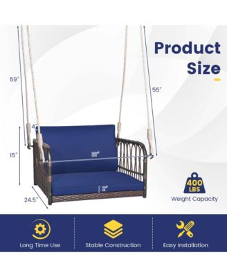 Porch Swing Chair Rattan Woven Hanging Bench Seat with Cushions Hooks Balcony Navy