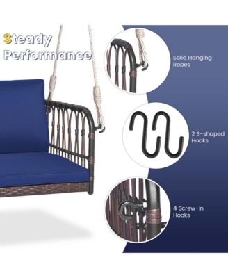 Porch Swing Chair Rattan Woven Hanging Bench Seat with Cushions Hooks Balcony Navy