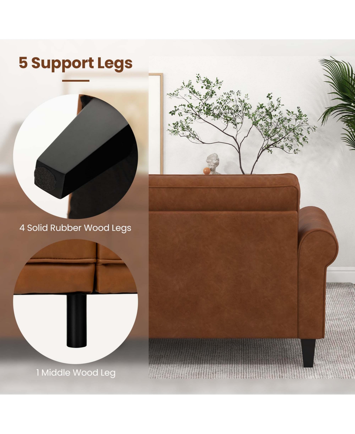 Modern Sofa Couch Pu Leather 81.5'' 3-Seater with 2 Back Pillows & 5 Wooden Legs