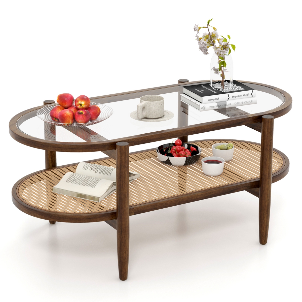 Costway 2-Tier Coffee Table Tempered Glass Top with Pe Rattan Shelf & Acacia Wood Frame