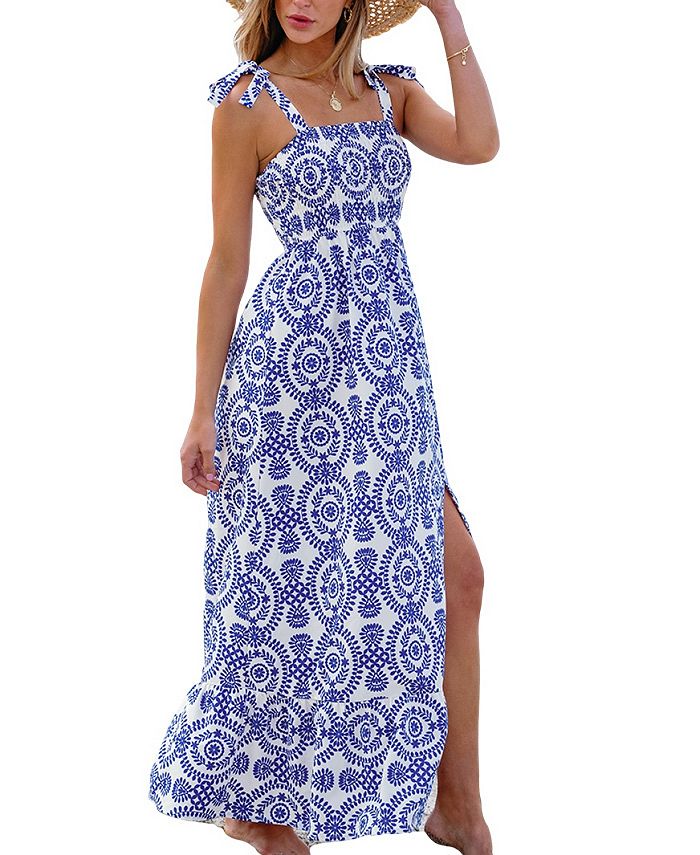 CUPSHE Women's Ornate Print Smocked Tie Strap Beach Dress Macy's
