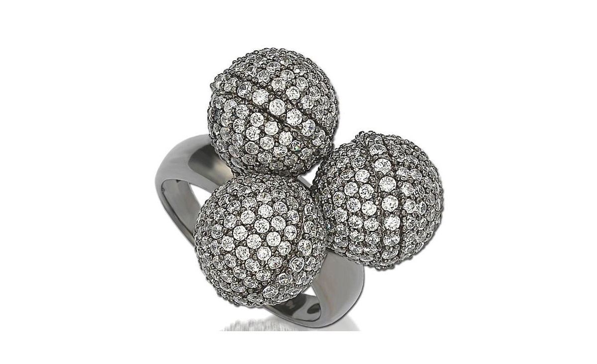 Suzy Levian Sterling Silver Cubic Zirconia Three Disco Ball Ring - Blackened