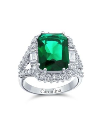 7CT Cubic Zirconia CZ Pave Rectangle Green Emerald Cut Statement Fashion Ring Rhodium Plated Brass
