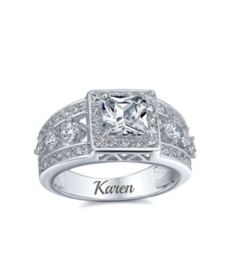 Square Cut Halo CZ Art Deco Style Princess Promise Ring  Wide 3 Row Band Sterling Silver Ring