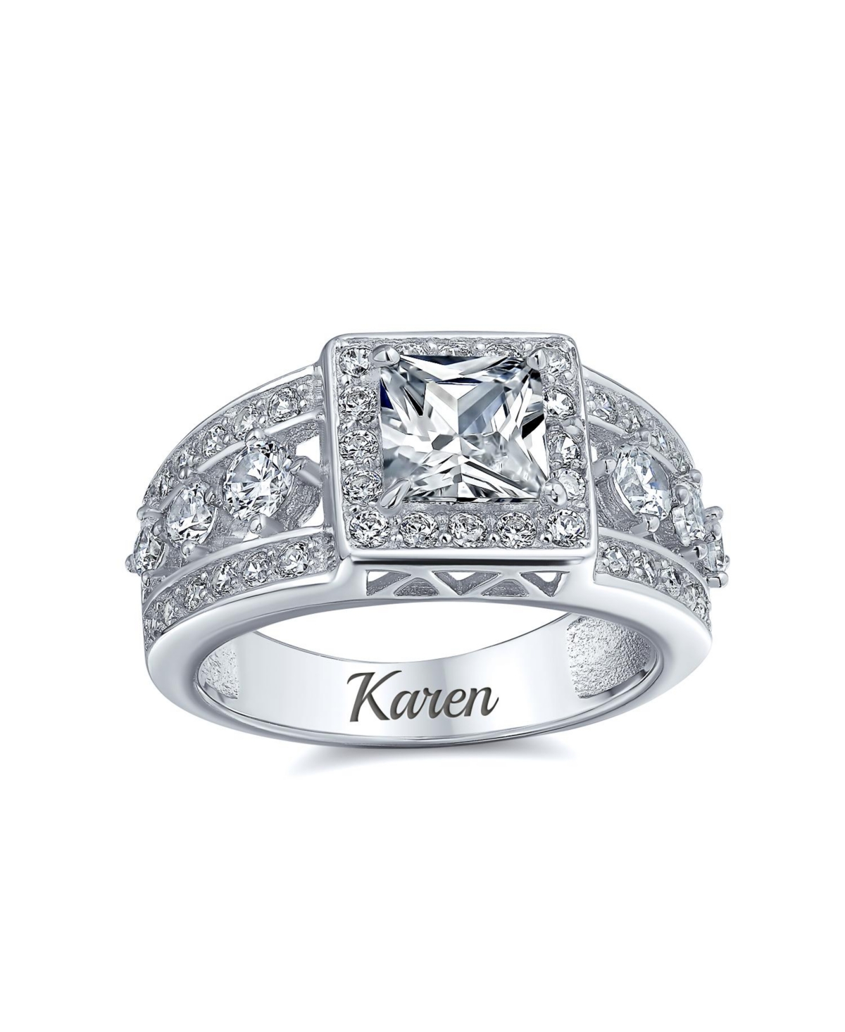 Bling Jewelry Square Cut Halo Cz Art Deco Style Princess Promise Ring For Women Wide 3 Row Band Sterling Silver Ring