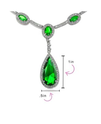 Oval Fashion Cubic Zirconia CZ Pear Shape Statement Large Teardrop Y Necklace  Rhodium Plated