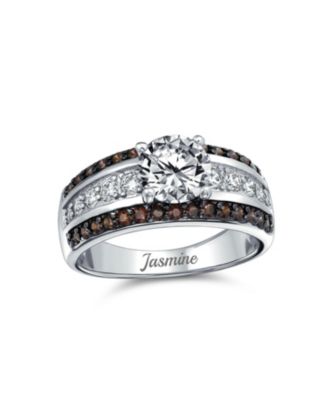 3CTW CZ Two Tone Chocolate Brown Color Clear Round Solitaire Promise Ring 3 Row Wide Pave Band Silver Plated