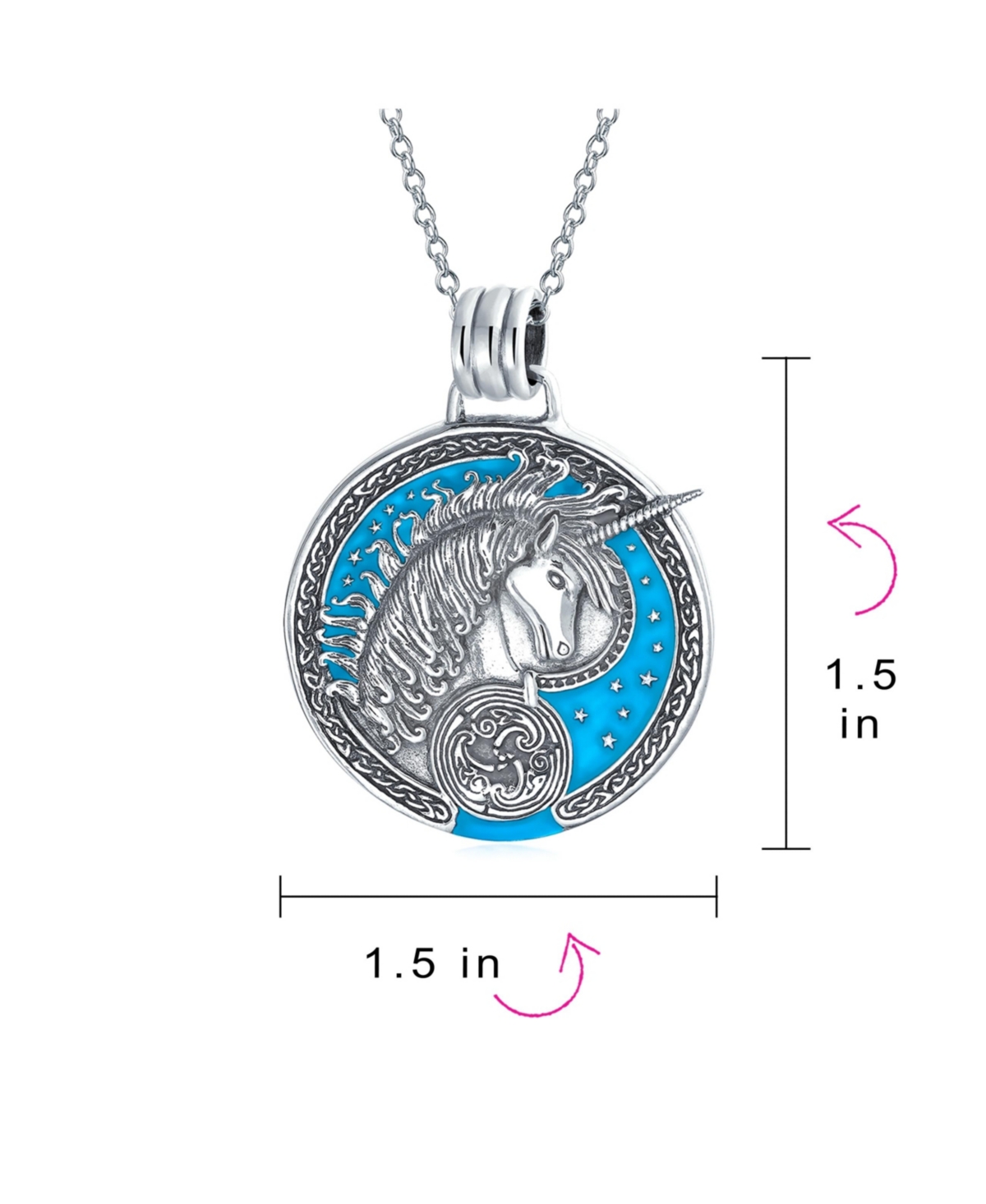 Bling Jewelry Large Round Statement Pegasus Medallion CelestialMythical Unicorn Pendant Necklace For Women Oxidized Sterling Silver - Blue