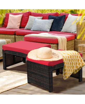 Set of 2 Rattan Ottoman Footrest Footstool Patio Furniture w/ White Cushion