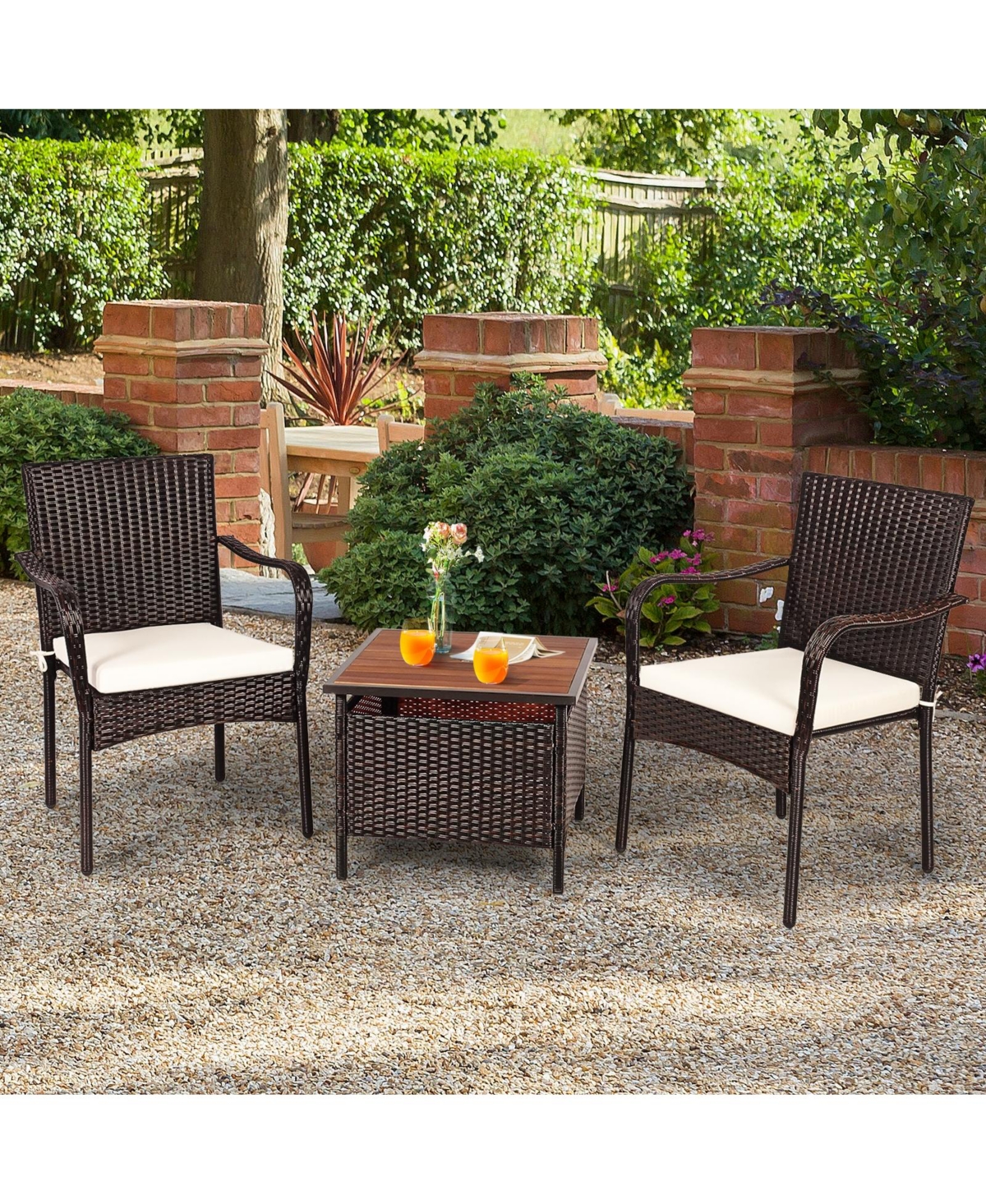 Slickblue 3 Pieces Patio Rattan Furniture Bistro Set with Wood Side Table and Stackable Chair