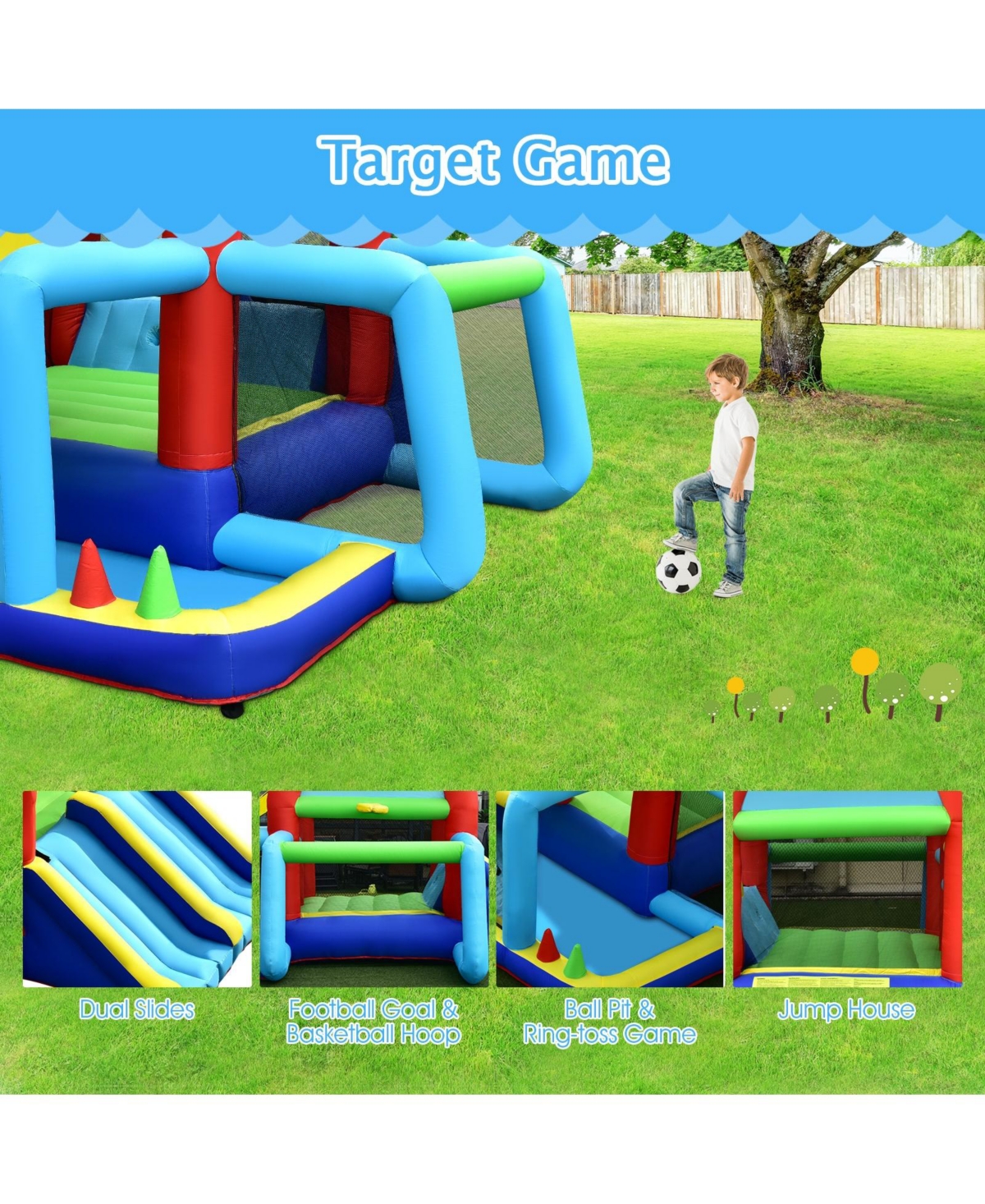 Slickblue Inflatable Jumping Castle Bounce House with Dual Slides without Blower - Green, Red, Yellow