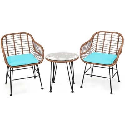 3 Pieces Patio Rattan Bistro Set with Cushion