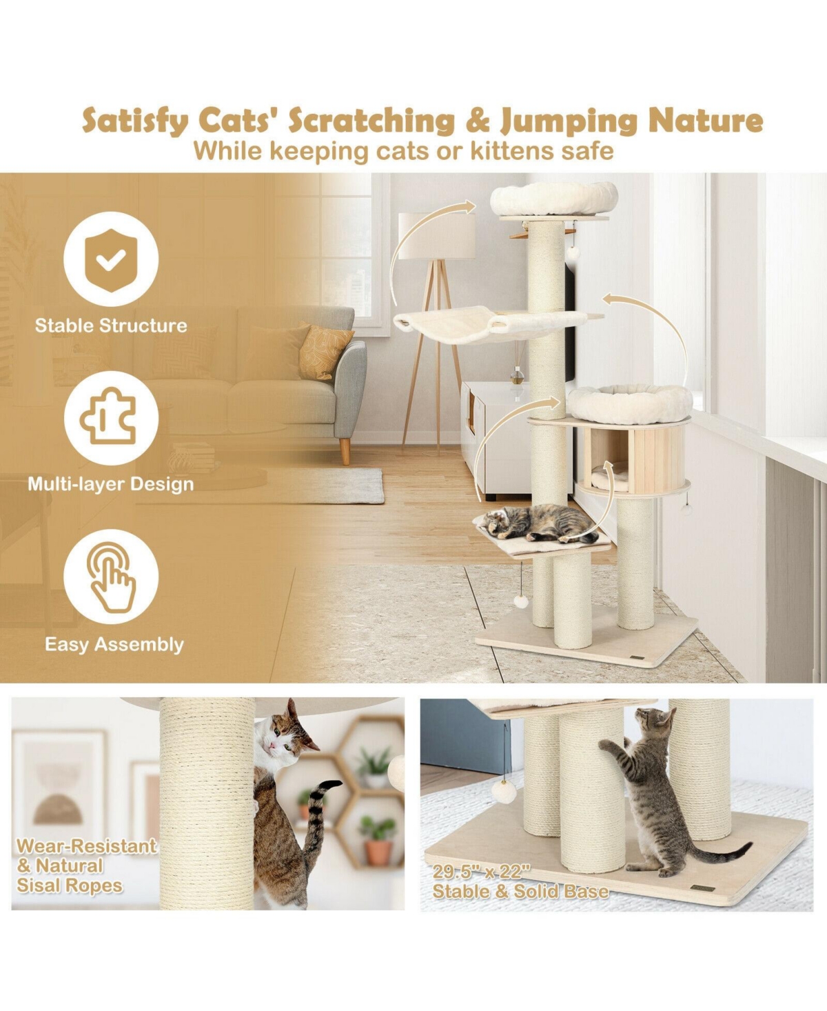 Slickblue 4-Layer 68.5-Inch Wooden Cat Tree Condo Activity Tower with Sisal Posts- Natural