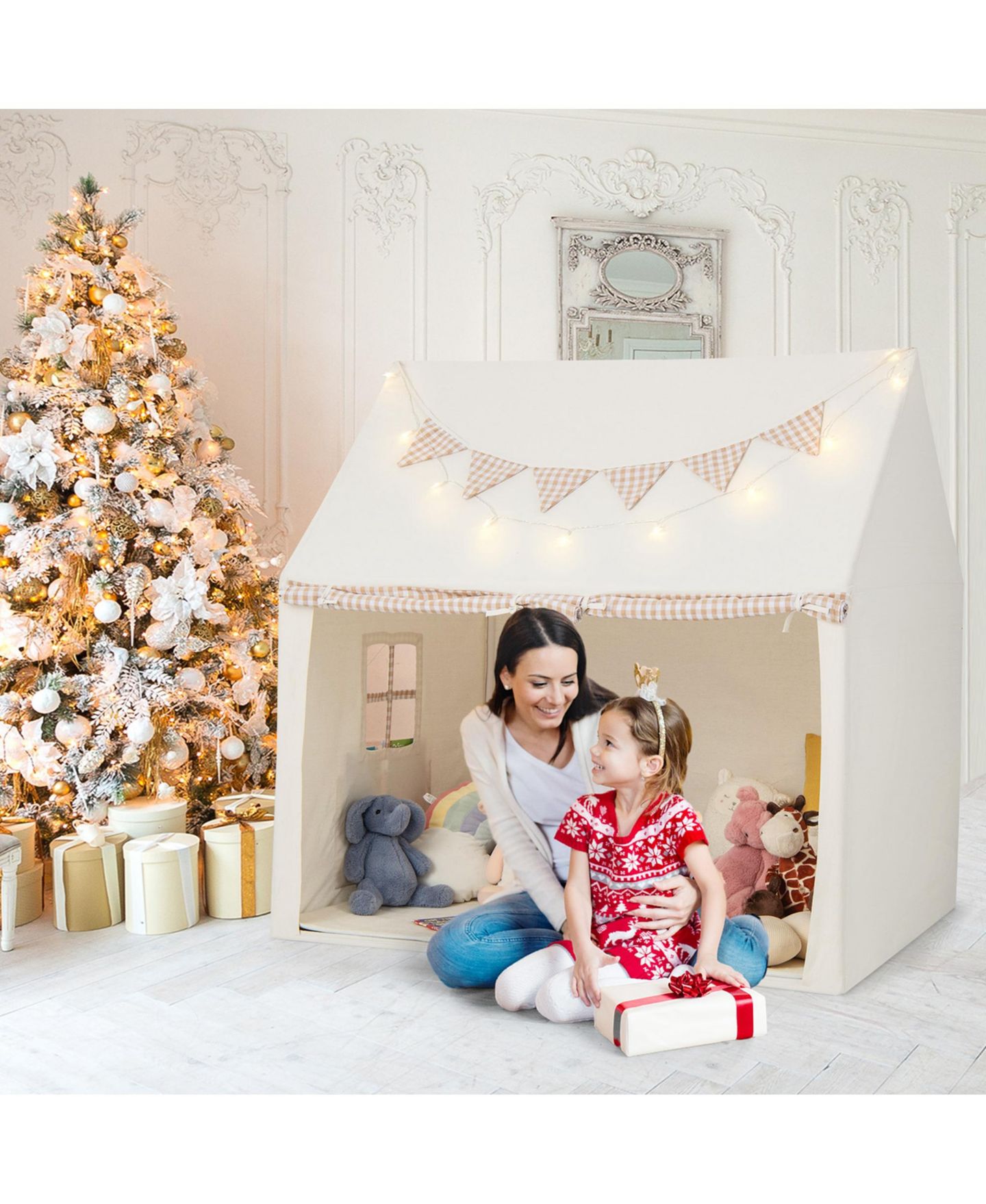 Детская игрушка Costway Large Playhouse with Padded Mat and Star Lights Play Tent, Ages 3+, цвет: Бежевый / Хаки — фото 4