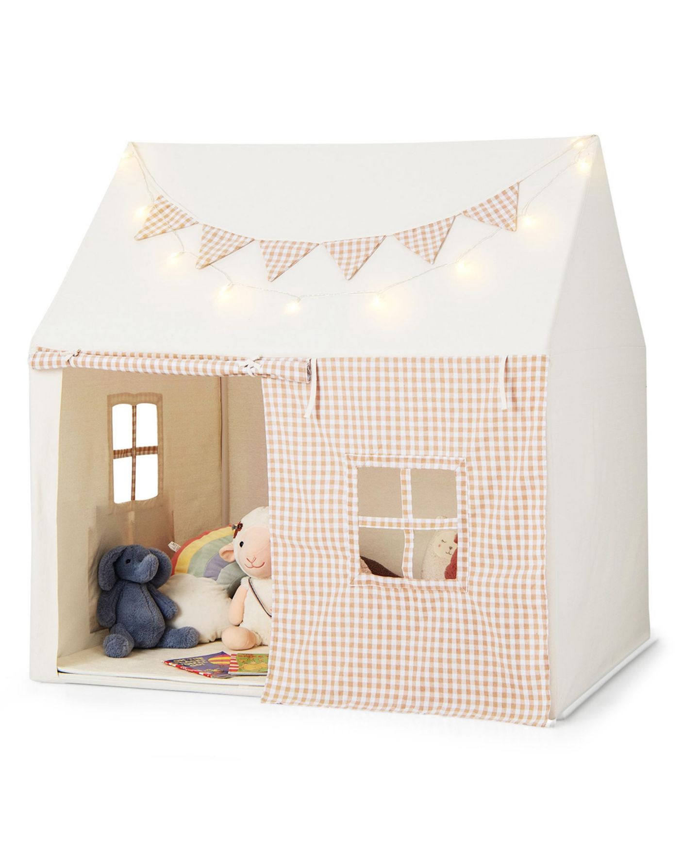 Детская игрушка Costway Large Playhouse with Padded Mat and Star Lights Play Tent, Ages 3+, цвет: Бежевый / Хаки — фото 10