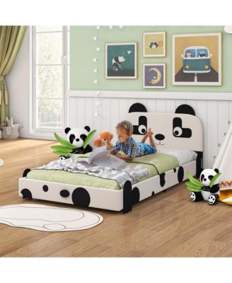 Twin Size Kids Bed Toddler Upholstered Low Profile Bed Frame with Panda Headboard