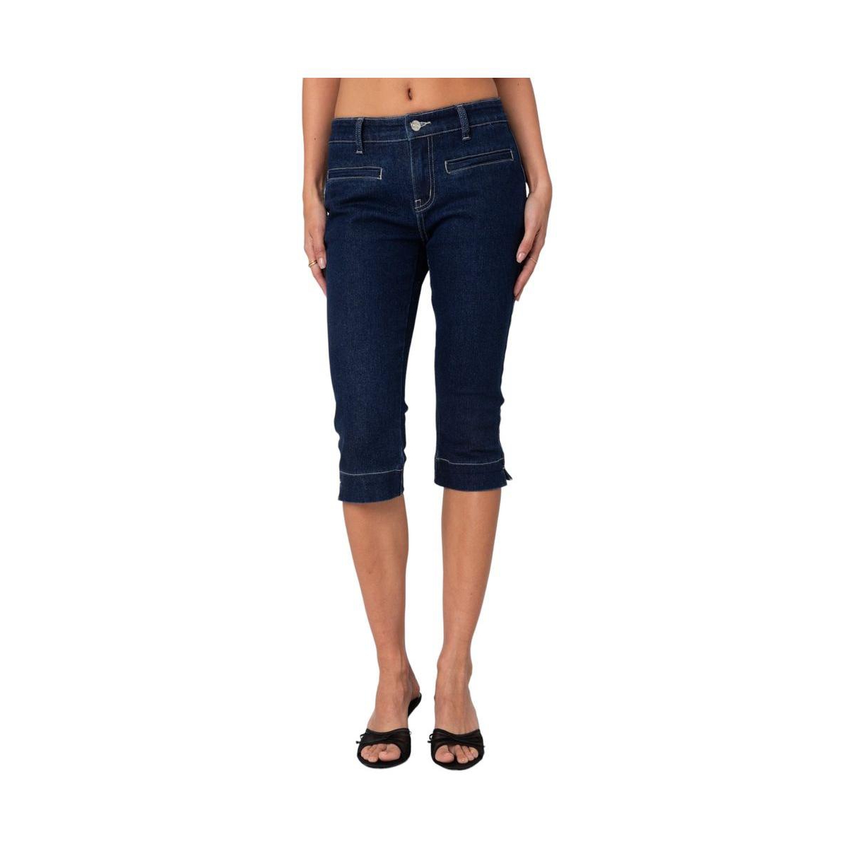 Edikted Women's Contrast Stitch Capri Jeans - Indigo-blue-raw-washed