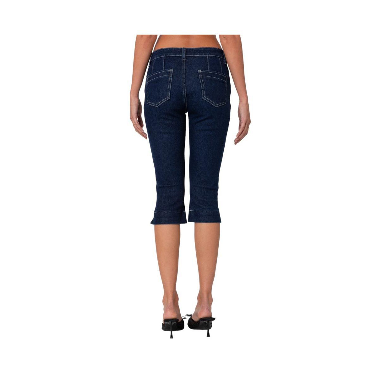 Edikted Women's Contrast Stitch Capri Jeans - Indigo-blue-raw-washed