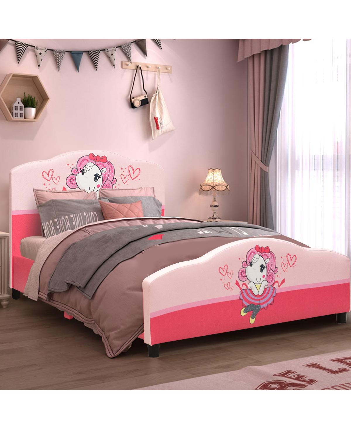 Costway Kids Children Upholstered Platform Toddler Bed Bedroom Furniture Girl Pattern