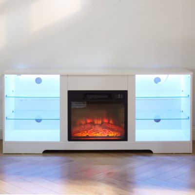 Modern Electric Fireplace TV Stand with Glass Shelves
