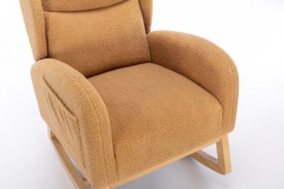 Streamdale Teddy Fabric Rocking Chair With Packet Wood Legs, Khaki