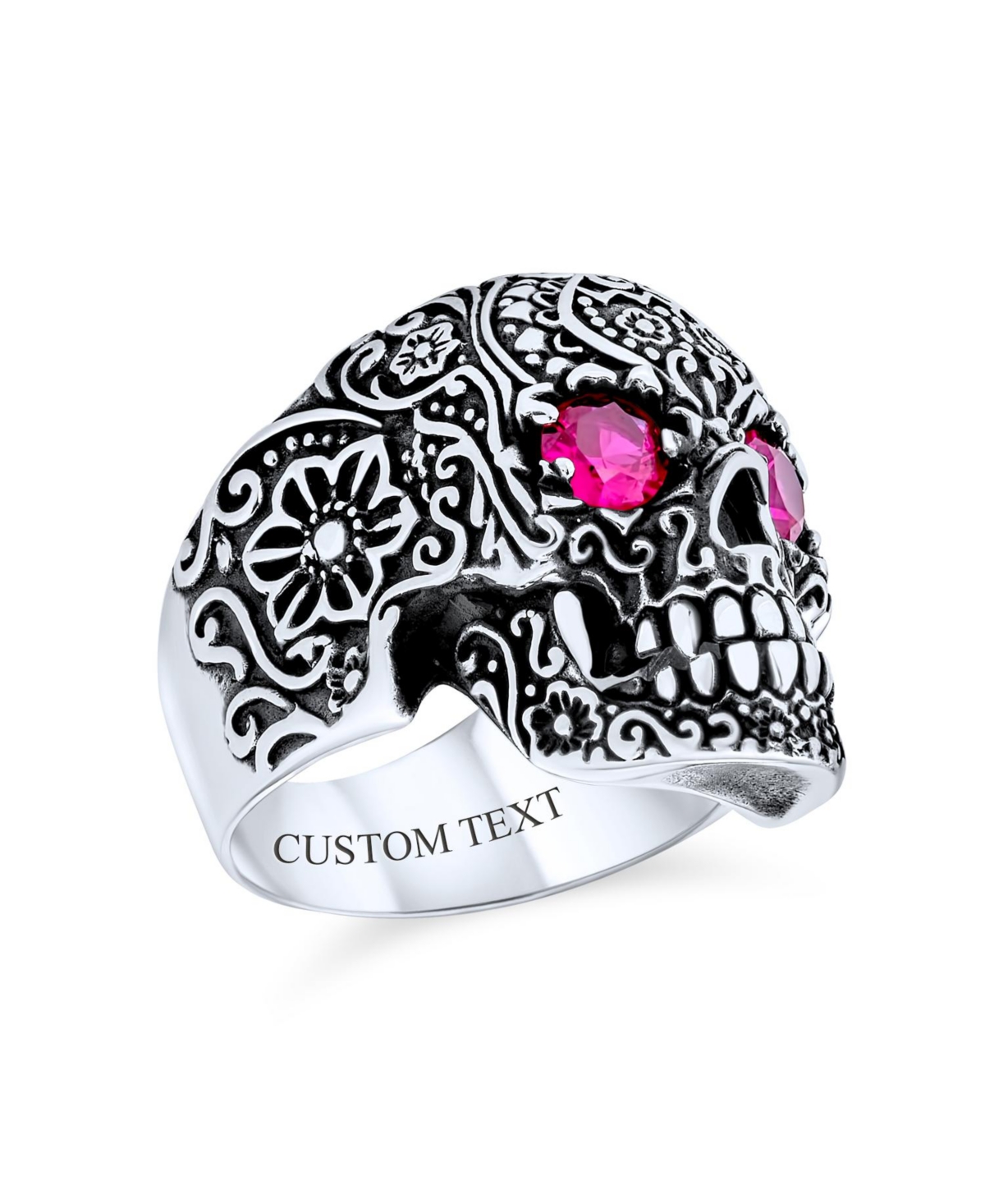 Bling Jewelry Large Men's Biker Halloween Devil Demon Gothic Caribbean Pirate Red Cz Eyes Skull Head Signet Ring Oxidized Sterling Silver