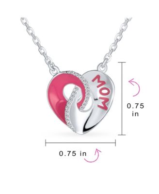 Crystal Accent 3D Interlocking Pink Enamel Heart Message Word Mom Heart Necklace Pendant Mother Sterling Silver