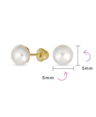 Traditional Tiny Minimalist CZ Accent 10K Gold White Freshwater Cultured Button Pearl Stud Earrings Secure Screw Back