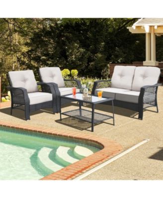 4 Pieces Patio Wicker Furniture Conversation Sets with Coffee Table and Cushions