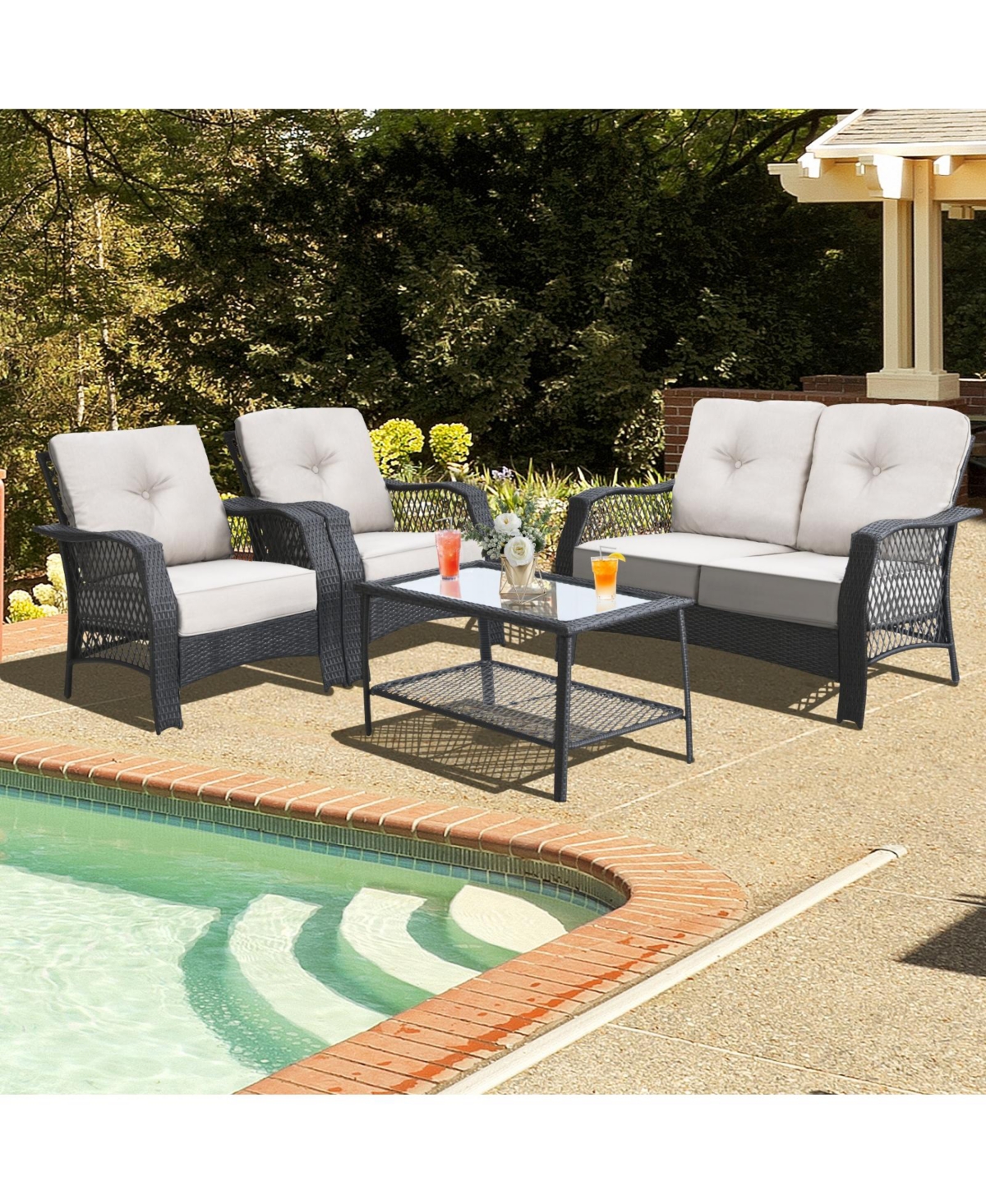 Sugift 4 Pieces Patio Wicker Furniture Conversation Sets with Coffee Table and Cushions