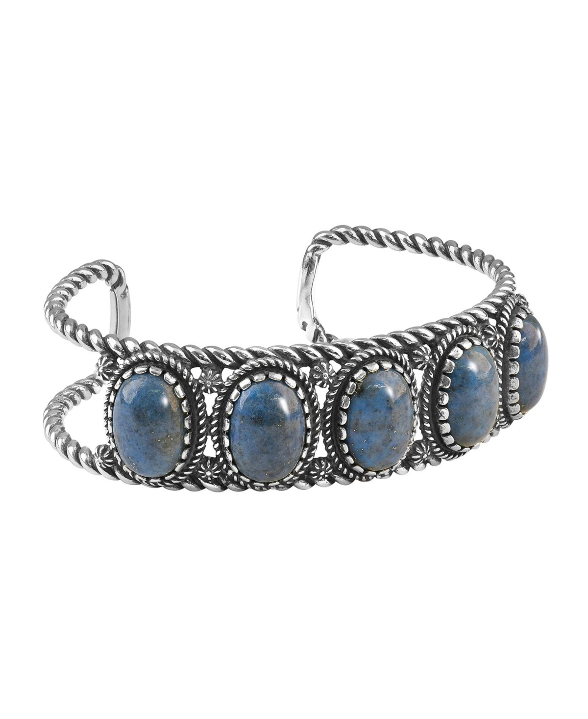 Sterling Silver Women's Cuff Bracelet & Men's Cuff Bracelet Denim Lapis Gemstone 5-Stone Design Size S - L - Blue denim lapis