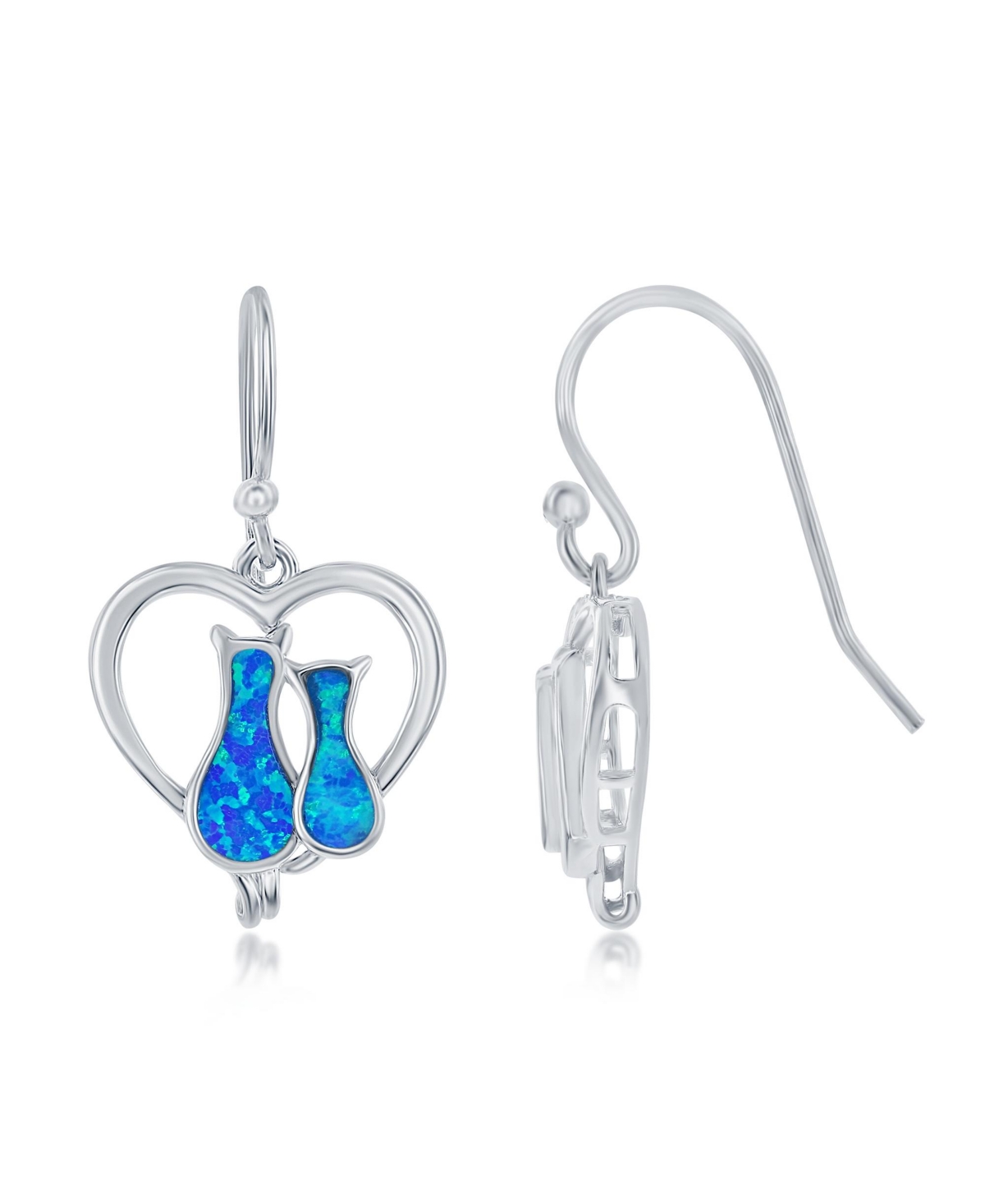 Sterling Silver Opal Cats in a Heart Earrings - Blue