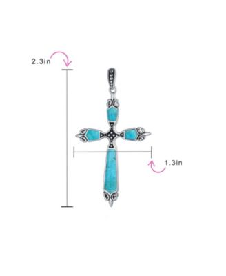Western Style Spiritual Religious Blue Natural Turquoise Fleur De Lis Cross Pendant Necklace Oxidized Sterling Silver