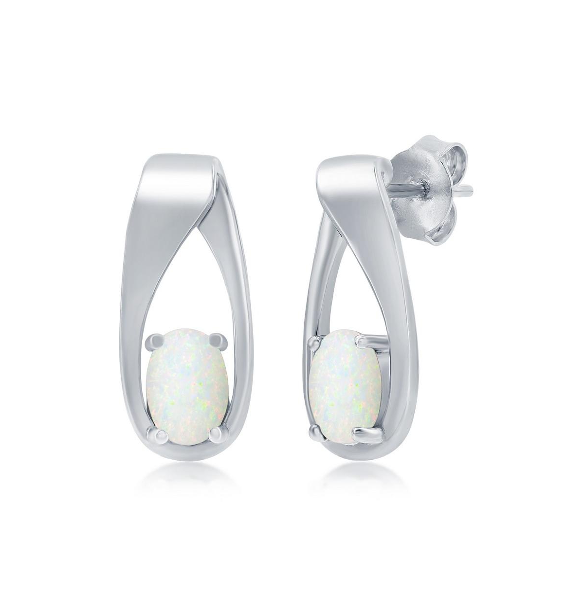 Sterling Silver Oval Opal Long Earrings - White