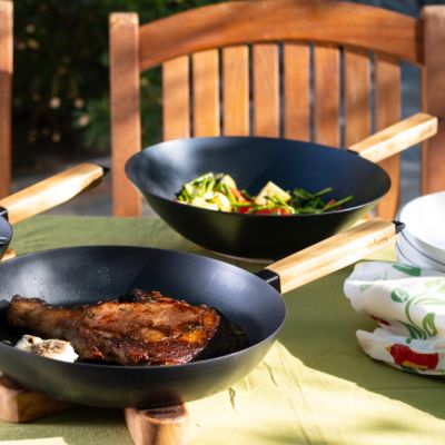 Forest 12” Carbon Steel Wok Pan - Stay-Cool Acacia Handle