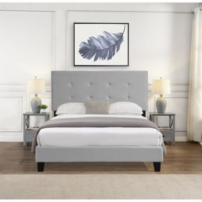  Gray Upholstered Queen Platform Bed - No Box Spring Needed