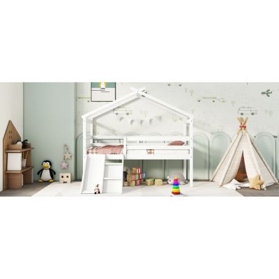 Twin House Bed with Slide, Ladder, and Safety Rails