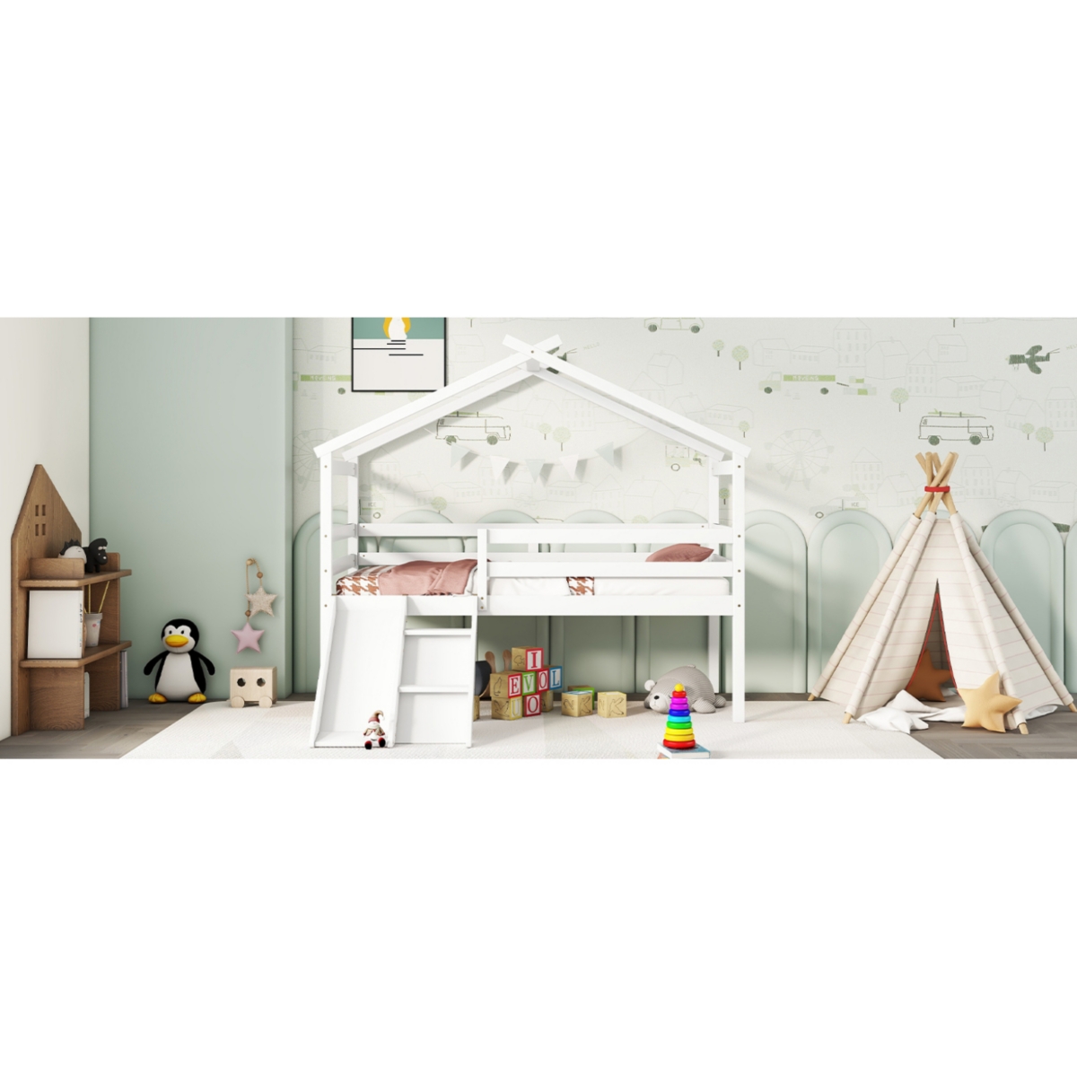 Streamdale Furniture Twin Low Loft House Bed With Slide, Ladder, Safety Guardrails, House Roof Frame, White