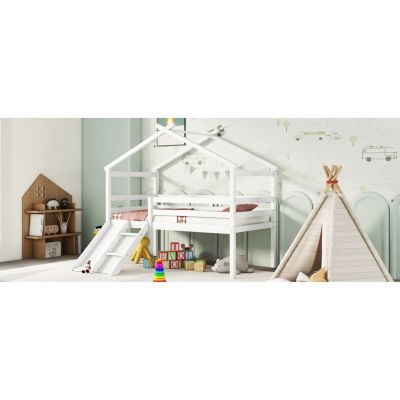Twin House Bed with Slide, Ladder, and Safety Rails