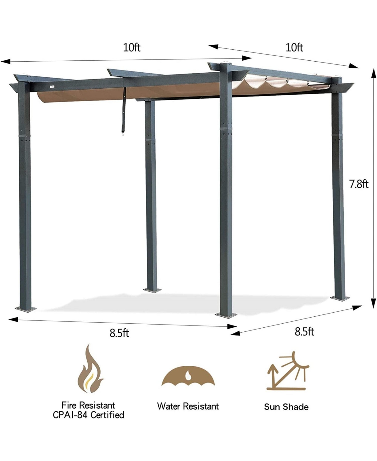 Mondawe 10 ft. x 10 ft. Beige-Tan Polyester Outdoor Patio Gazebo Steel Frame Grape Pergola with Retractable Shade Canopy