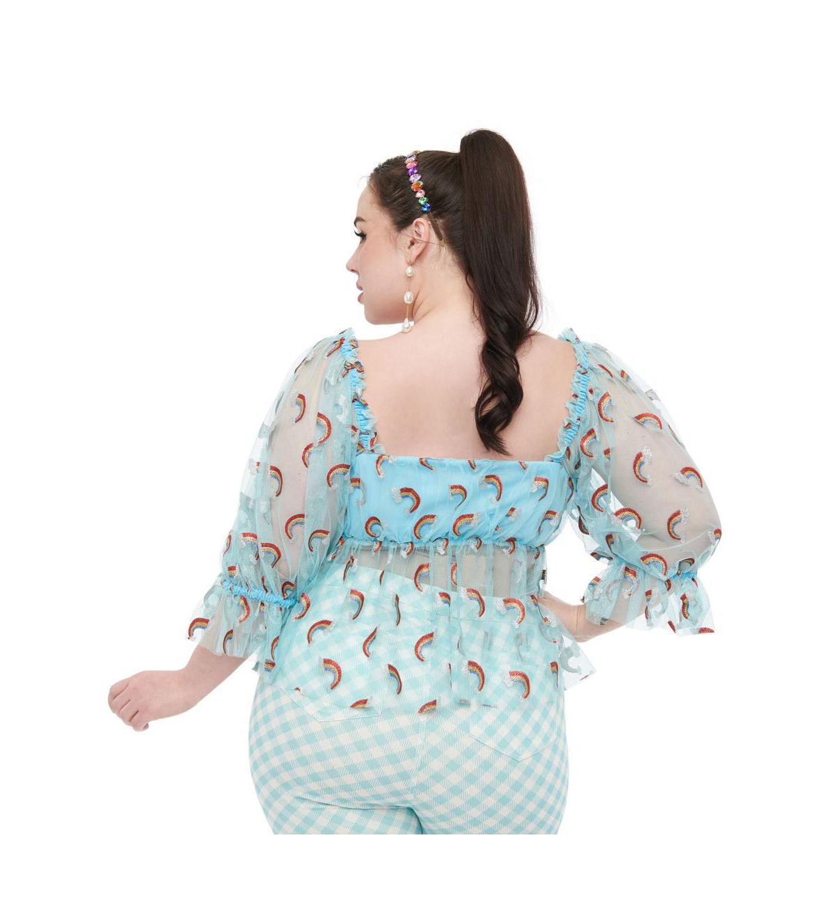 Smak Parlour Plus Size 1960s Mesh Ruffle Babydoll Top - Sky blue  glitter rainbow
