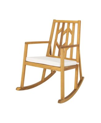 Outdoor Acacia Wood Rocking Chair Wooden Patio Rocker w/ Beige Cushion