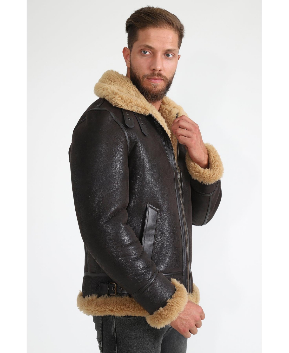 Furniq Uk Men's Shearling Aviator Jacket, Vintagewith Ginger Curly Wool - Brown