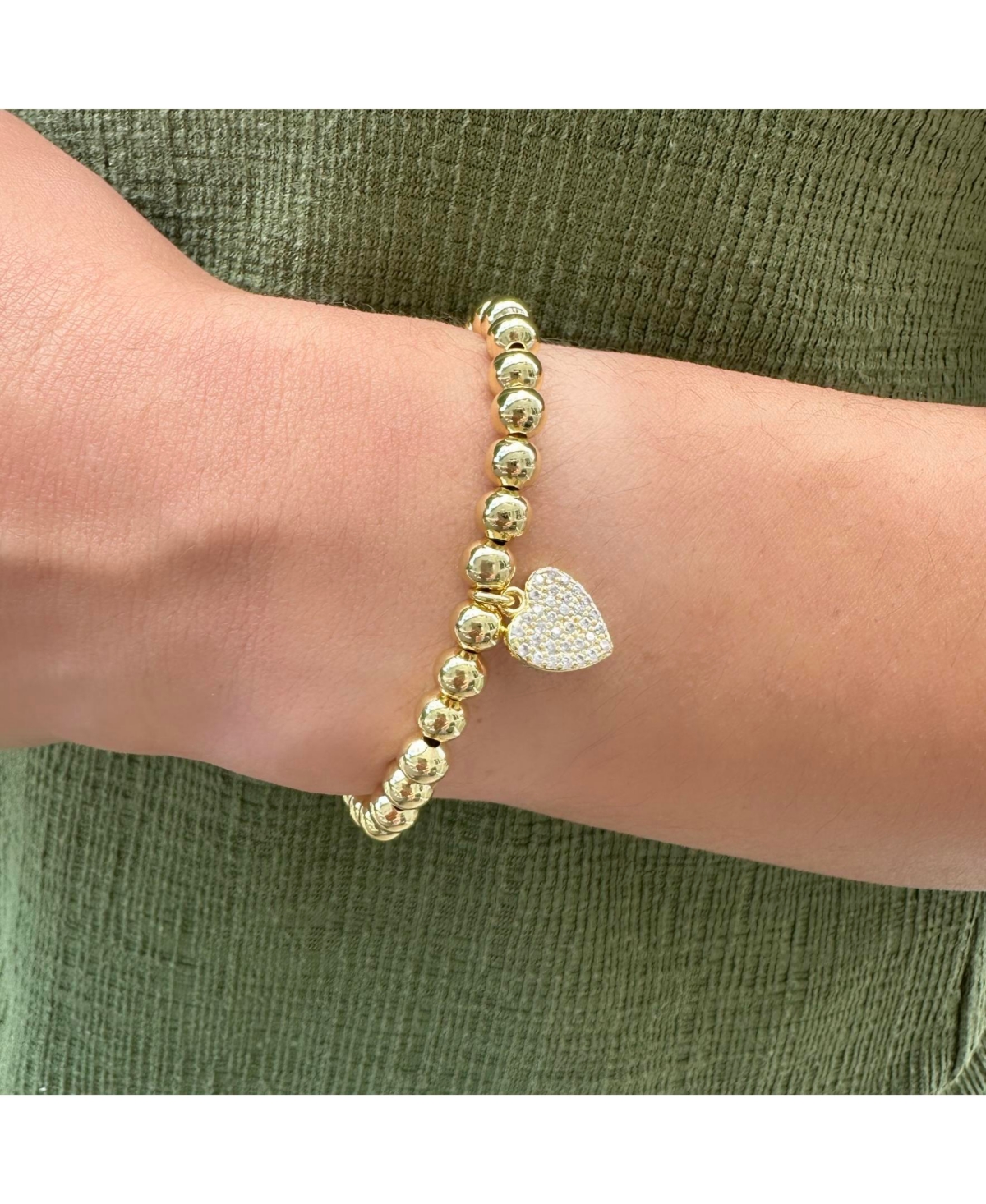 Rivka Friedman Heart Charm Polished Bead Stretch Bracelet - Gold with clear cz