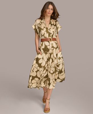 【Donna Karan New York】V-Neck Belted Short-Sleeve Dress Donna Karan Donna Karan V-neck Belted Short-sleeve Dress in