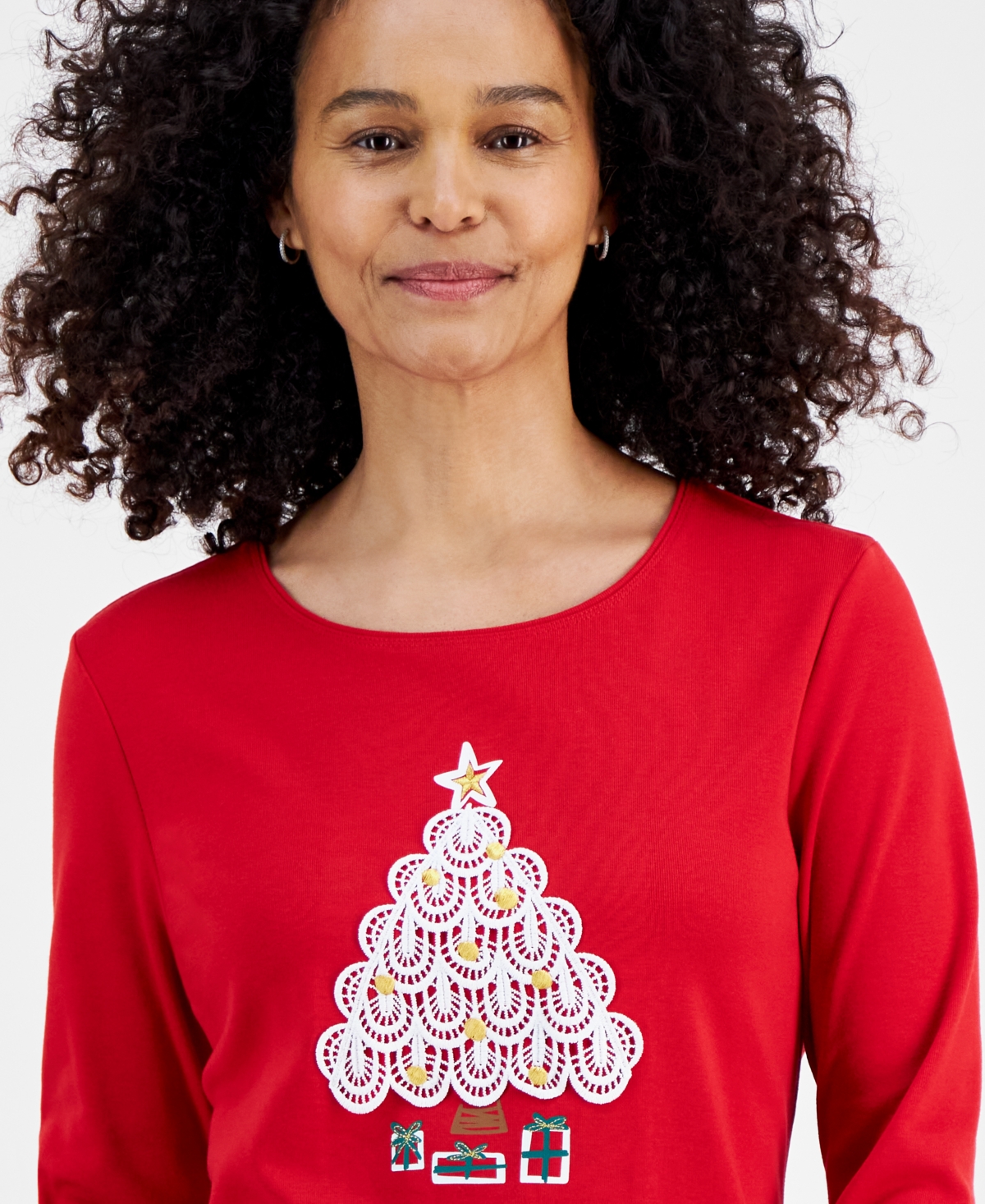 Holiday Lane Petite Crochet Tree Long-Sleeve Tee, Created for Macy's