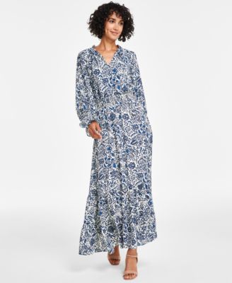 Vince Camuto Women's Printed Tie-Neck Smocked Maxi Dress - Macy's