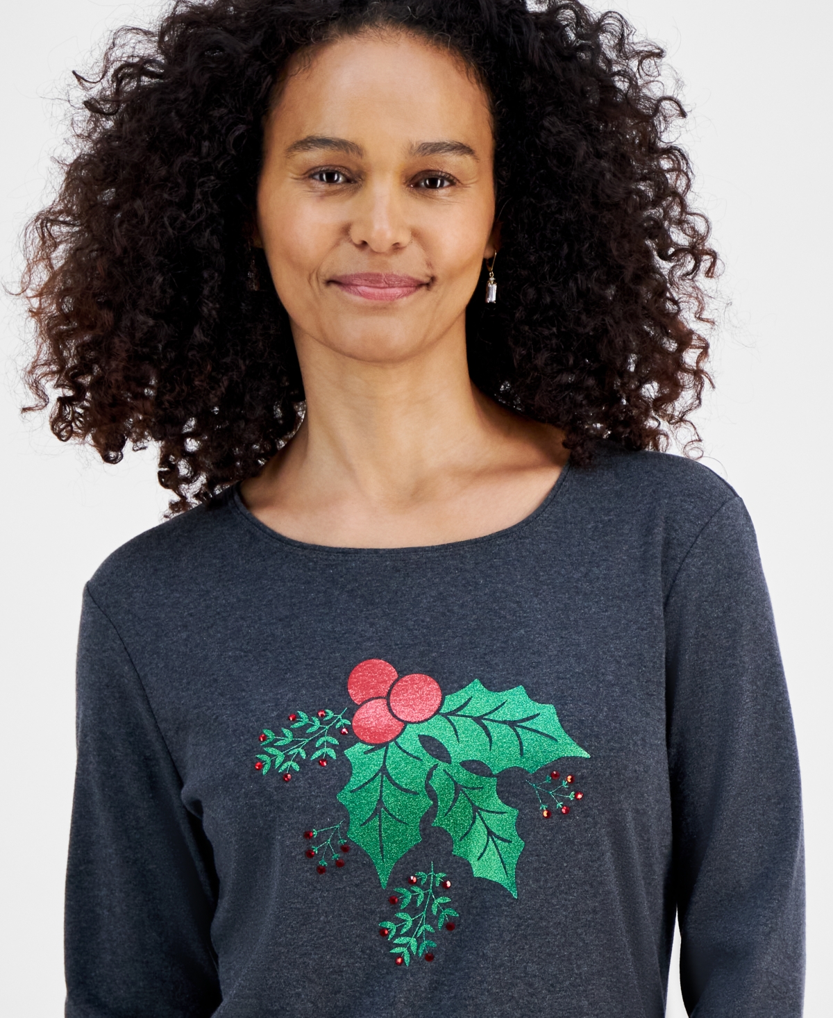 Holiday Lane Women's Holly Leaf Long-Sleeve Top, Created for Macy's