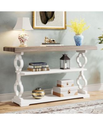 Farmhouse Console Table, 55 inch Rustic Entryway Sofa Table with Storage Shelves, 3 Tier Wood Long Accent Entry Table, Grey and White
