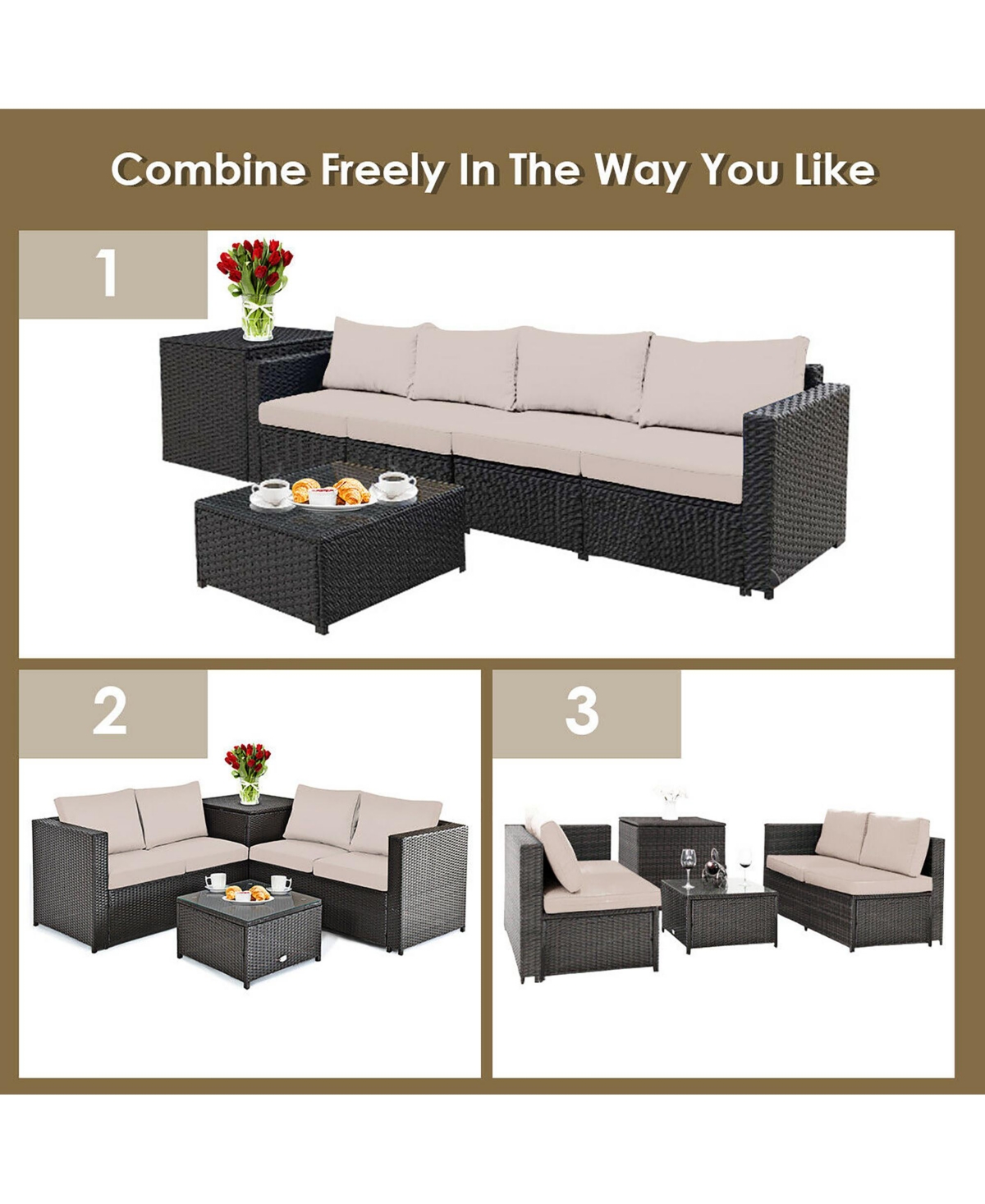 Costway 8PCS Outdoor Patio Rattan Furniture Set Cushioned Loveseat Storage Table -khaki